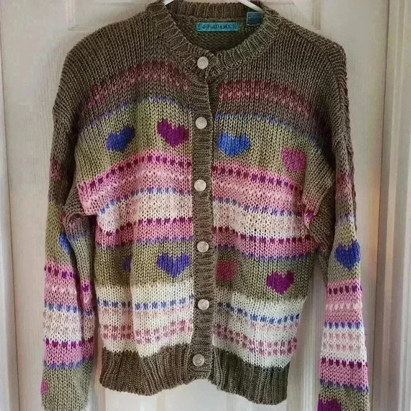 JF Adams Cute Hearts Striped Sz Large Sweater Knit Ivory Pink Tan - Picture 1 of 7